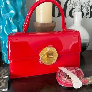 Elegant Red Patent Leather Handbag / Crossbody with Gold Accent - Made in Italy